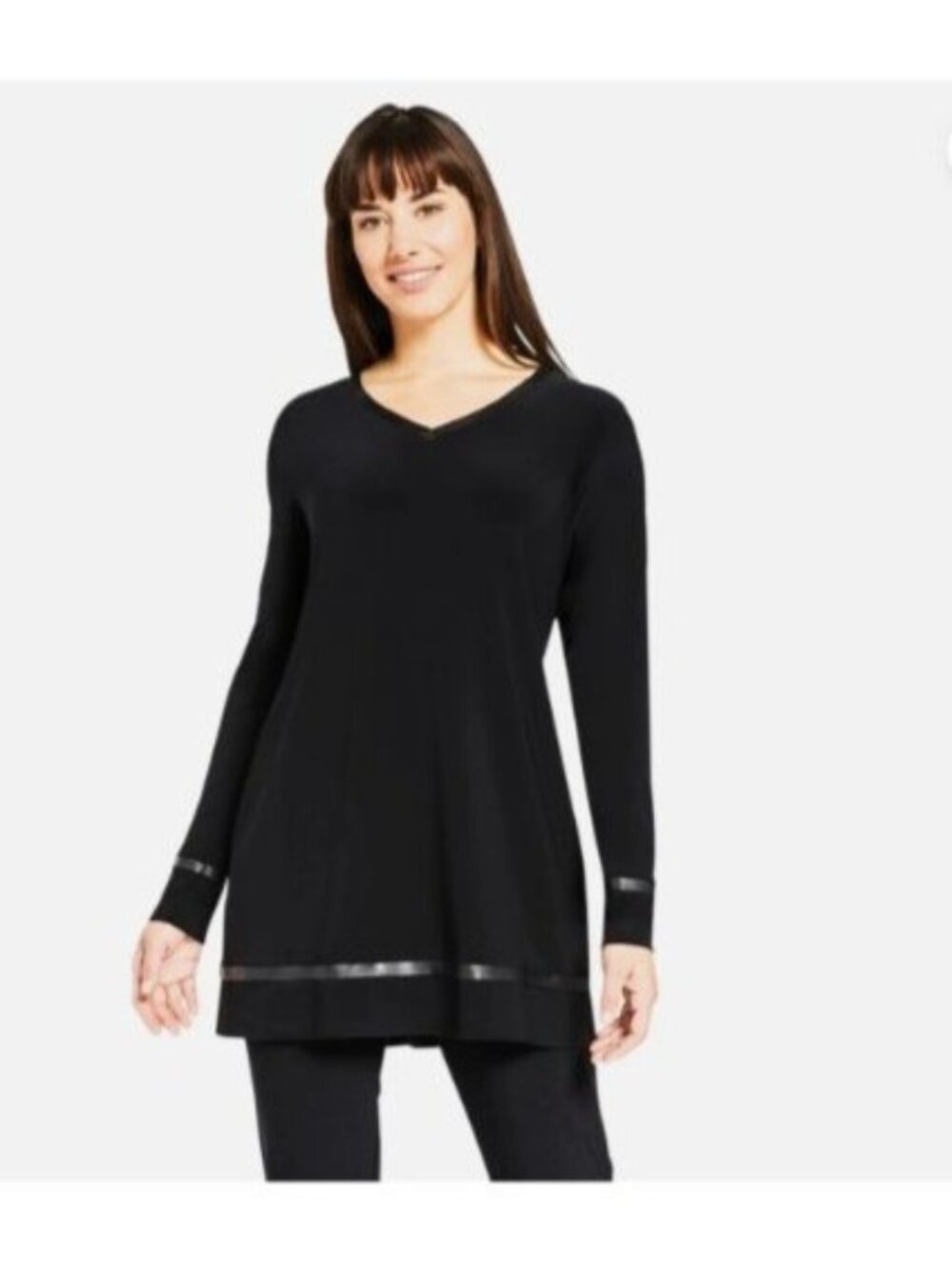 Sympli Womens Frame V-Neck Tunic Top sz 12 Black Long Sleeve faux leather trim